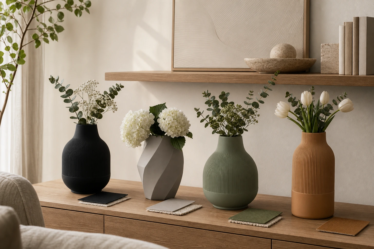 Composicao de produtos HDB Decor em diferentes acabamentos
